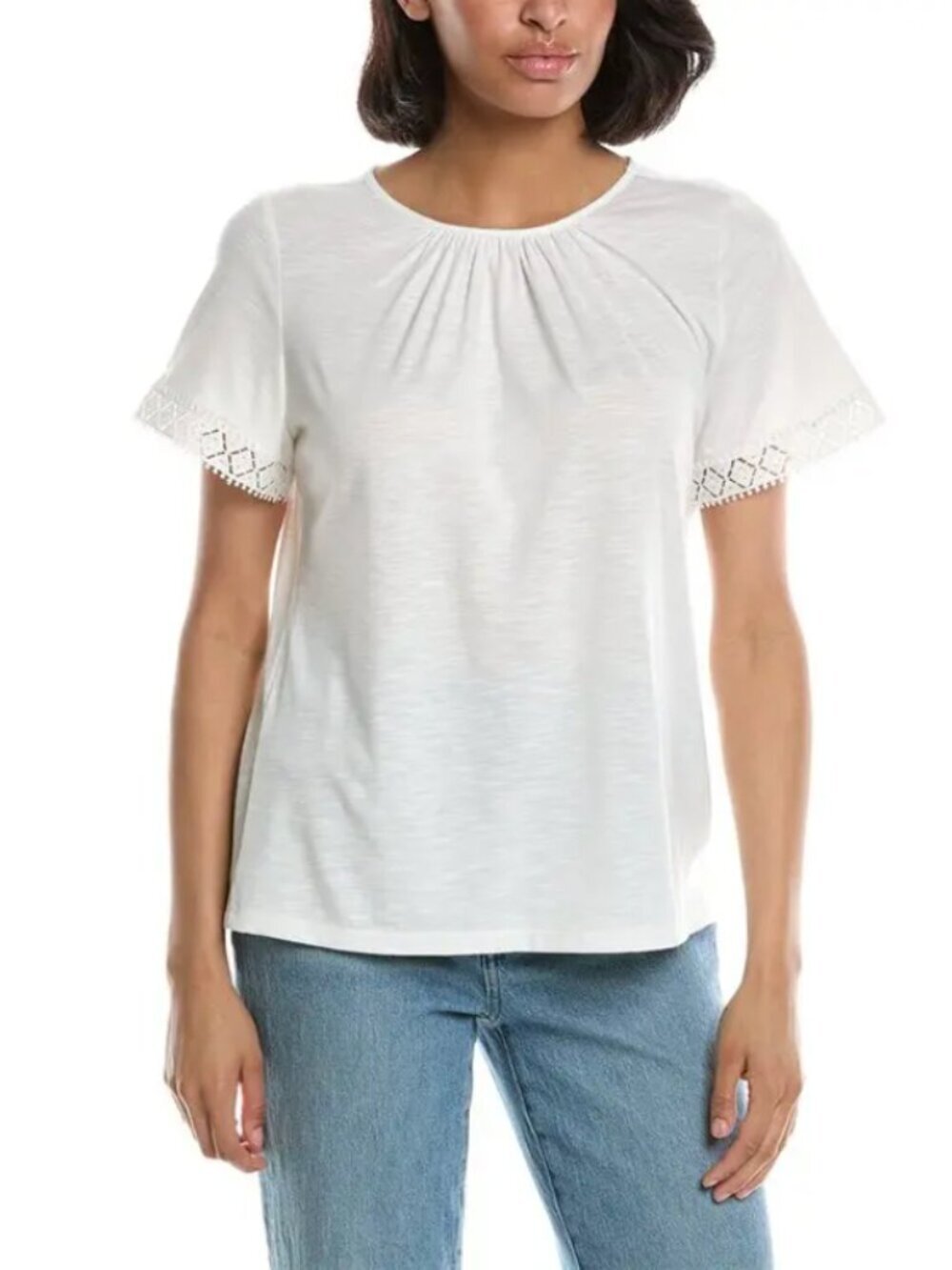 Jones New York Petite Large White Drapey T-Shirt with Lace Sleeve Trim NWT